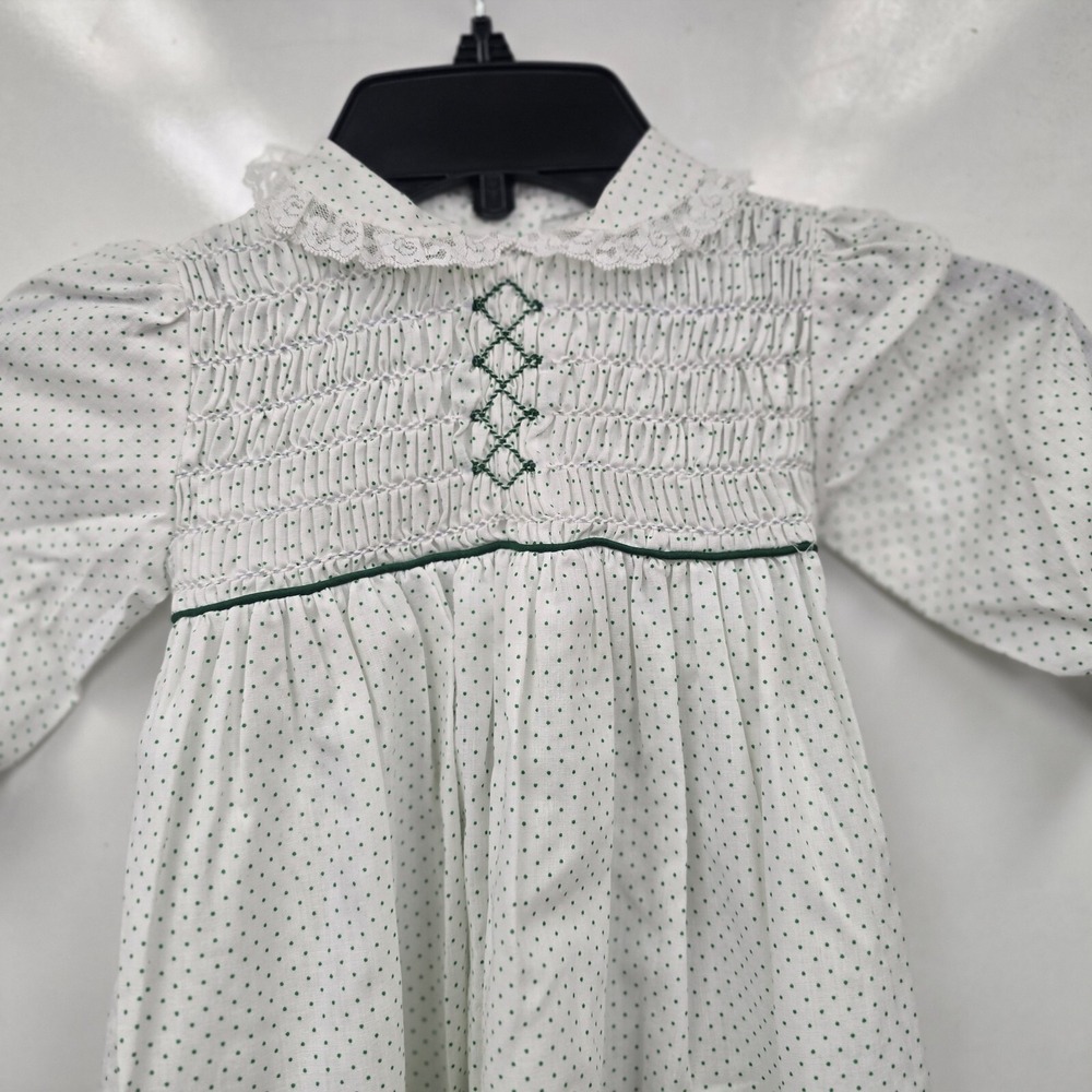 Polly Flinders Vintage Toddler Dress 2T Polka Dot Hand Smocked Dress Green White - Picture 9 of 11